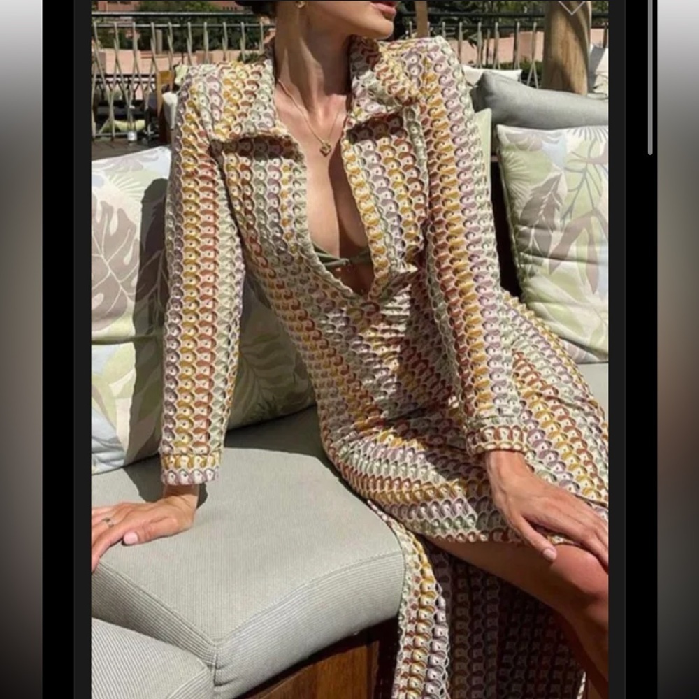 V-neck Collared Crochet Dress BOHO SPLIT WAVY STRIPED BEACH
VACATION MAXI - Picture 7 of 8